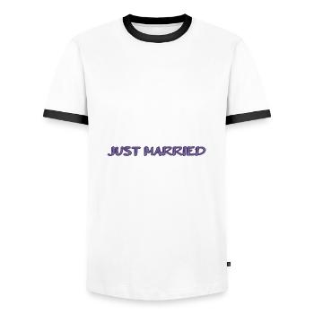 JUST MARRIED. bachelorette party. LOVE. SAINT VALENTINE. COUPLE. - Men's Ringer Shirt - white/black - Front - AI Model Female 172 light (172cm) & AI Model Male 178 dark (178cm)