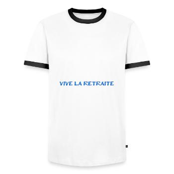 RUHESTAND. RUHESTAND. PENSIONIERT. RUHESTAND - Männer Kontrast-T-Shirt - Weiß/Schwarz - Vorne - AI Model Female 172 light (172cm) & AI Model Male 178 dark (178cm)