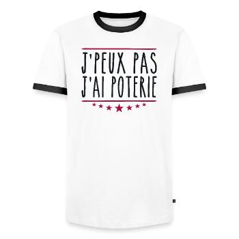 J'peux pas j'ai poterie | Potier - T-shirt contrasté Homme - blanc/noir - Devant - AI Model Female 172 light (172cm) & AI Model Male 178 dark (178cm)
