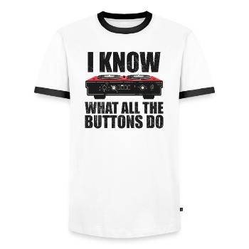 Ich weiß, was alle Tasten tun - Männer Kontrast-T-Shirt - Weiß/Schwarz - Vorne - AI Model Female 172 light (172cm) & AI Model Male 178 dark (178cm)