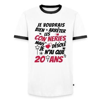 conneries 20 ans / cadeau anniversaire 20 ans - T-shirt contrasté Homme - blanc/noir - Devant - AI Model Female 172 light (172cm) & AI Model Male 178 dark (178cm)