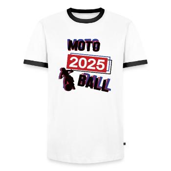 Motoball Spieler Team Turnier Mannschaft in 2025 - Männer Kontrast-T-Shirt - Weiß/Schwarz - Vorne - AI Model Female 172 light (172cm) & AI Model Male 178 dark (178cm)