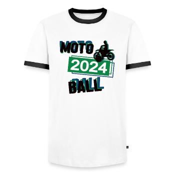 Motoball Spieler Team Turnier Mannschaft in 2024 - Männer Kontrast-T-Shirt - Weiß/Schwarz - Vorne - AI Model Female 172 light (172cm) & AI Model Male 178 dark (178cm)