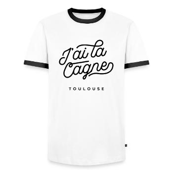 Ich habe die Cagne - Toulouse. - Männer Kontrast-T-Shirt - Weiß/Schwarz - Vorne - AI Model Female 172 light (172cm) & AI Model Male 178 dark (178cm)