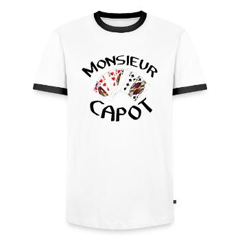 Belote Monsieur capot coinche contrée cadeau - T-shirt contrasté Homme - blanc/noir - Devant - AI Model Female 172 light (172cm) & AI Model Male 178 dark (178cm)