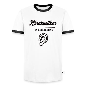 Hörakustiker in Ausbildung Hörakustikerausbildung - Männer Kontrast-T-Shirt - Weiß/Schwarz - Vorne - AI Model Female 172 light (172cm) & AI Model Male 178 dark (178cm)