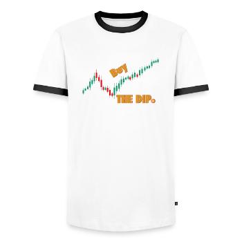 Buy the Dip Trading Stocks Bitcoin Crypto BTC - Men's Ringer Shirt - white/black - Front - AI Model Female 172 light (172cm) & AI Model Male 178 dark (178cm)