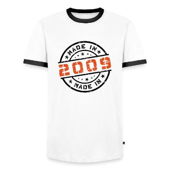 Year of birth Birthday Born In - Made in 2009 - Men's Ringer Shirt - white/black - Front - AI Model Female 172 light (172cm) & AI Model Male 178 dark (178cm)