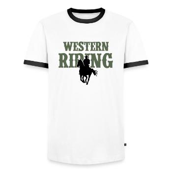 Homme d’équitation de l’Ouest - T-shirt contrasté Homme - blanc/noir - Devant - AI Model Female 172 light (172cm) & AI Model Male 178 dark (178cm)