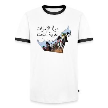 (Émirats arabes unis) Carte des Émirats encadrée courses de chevaux AE - T-shirt contrasté Homme - blanc/noir - Devant - AI Model Female 172 light (172cm) & AI Model Male 178 dark (178cm)