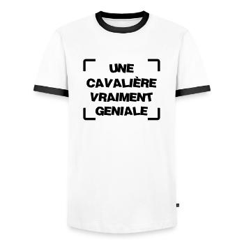 Equitation / Cheval / Cavalier / Cavalière / Sport - T-shirt contrasté Homme - blanc/noir - Devant - AI Model Female 172 light (172cm) & AI Model Male 178 dark (178cm)