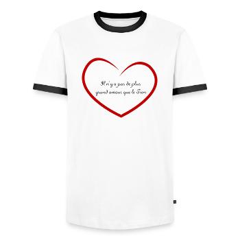 Pas de plus grand amour que le Tien. - T-shirt contrasté Homme - blanc/noir - Devant - AI Model Female 172 light (172cm) & AI Model Male 178 dark (178cm)