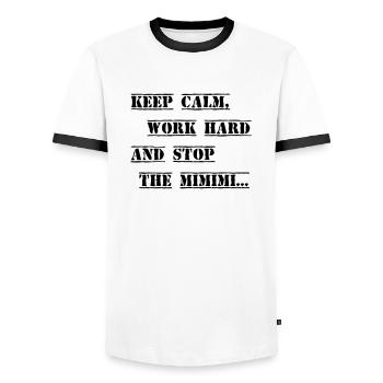 Work hard stop the Mimimi - Men's Ringer Shirt - white/black - Front - AI Model Female 172 light (172cm) & AI Model Male 178 dark (178cm)