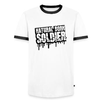 Natural Born Soldier War General Freedom Fighter - Men's Ringer Shirt - white/black - Front - AI Model Female 172 light (172cm) & AI Model Male 178 dark (178cm)