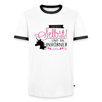 glaube an dich selbst & an Einhörner - Männer Kontrast-T-Shirt - Weiß/Schwarz - Vorne - AI Model Female 172 light (172cm) & AI Model Male 178 dark (178cm)