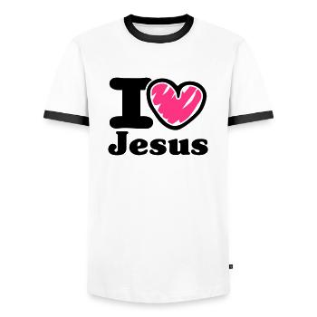 i Love Jesus_V1 - Men's Ringer Shirt - white/black - Front - AI Model Female 172 light (172cm) & AI Model Male 178 dark (178cm)