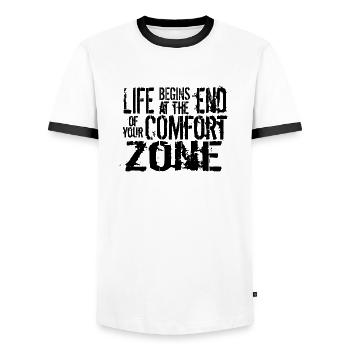 La vie commence à la fin de votre zone de confort - T-shirt contrasté Homme - blanc/noir - Devant - AI Model Female 172 light (172cm) & AI Model Male 178 dark (178cm)