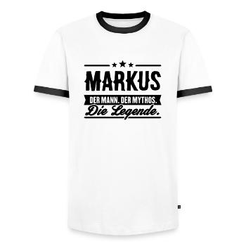 Man Myth Legend Markus - Men's Ringer Shirt - white/black - Front - AI Model Female 172 light (172cm) & AI Model Male 178 dark (178cm)