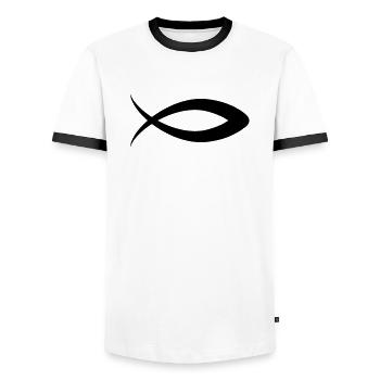 fish__f1 - Men's Ringer Shirt - white/black - Front - AI Model Female 172 light (172cm) & AI Model Male 178 dark (178cm)