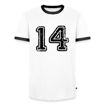 14 - Nummer - Männer Kontrast-T-Shirt - Weiß/Schwarz - Vorne - AI Model Female 172 light (172cm) & AI Model Male 178 dark (178cm)