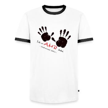 I wAHR dabei-We AHR together-Ahrtal Flood - Men's Ringer Shirt - white/black - Front - AI Model Female 172 light (172cm) & AI Model Male 178 dark (178cm)