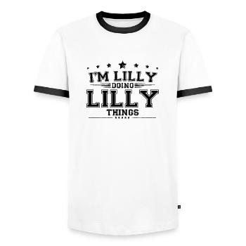i’m Lilly doing Lilly things - Men's Ringer Shirt - white/black - Front - AI Model Female 172 light (172cm) & AI Model Male 178 dark (178cm)