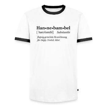 Rheinhessische Mundart "Hannebambel" - Männer Kontrast-T-Shirt - Weiß/Schwarz - Vorne - AI Model Female 172 light (172cm) & AI Model Male 178 dark (178cm)