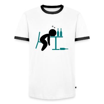 An alcoholic is drunk on the table - Men's Ringer Shirt - white/black - Front - AI Model Female 172 light (172cm) & AI Model Male 178 dark (178cm)