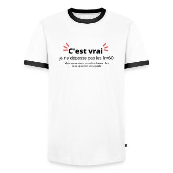 C est vrai, Je ne dépasse pas les 1M60. - T-shirt contrasté Homme - blanc/noir - Devant - AI Model Female 172 light (172cm) & AI Model Male 178 dark (178cm)