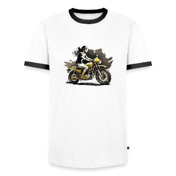 Frau auf Motorrad - Männer Kontrast-T-Shirt - Weiß/Schwarz - Vorne - AI Model Female 172 light (172cm) & AI Model Male 178 dark (178cm)