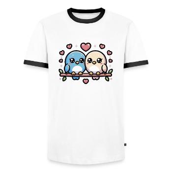 cute lovebirds perched on a branch - Men's Ringer Shirt - white/black - Front - AI Model Female 172 light (172cm) & AI Model Male 178 dark (178cm)