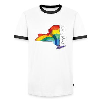 New York (United States) | Real Flag | LGBTQIA+ Script - Men's Ringer Shirt - white/black - Front - AI Model Female 172 light (172cm) & AI Model Male 178 dark (178cm)