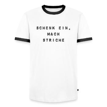 T-Shirt "Schenk ein, mach Striche" - Männer Kontrast-T-Shirt - Weiß/Schwarz - Vorne - AI Model Female 172 light (172cm) & AI Model Male 178 dark (178cm)