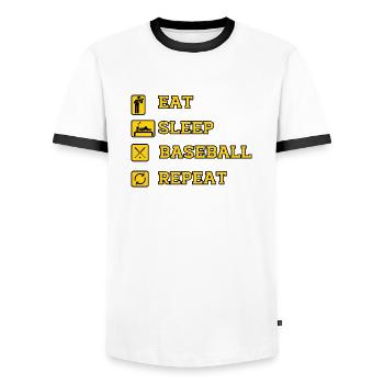 EAT SLEEP BASEBALL REPEAT - Men's Ringer Shirt - white/black - Front - AI Model Female 172 light (172cm) & AI Model Male 178 dark (178cm)