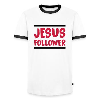 jesus_follower_002 - Men's Ringer Shirt - white/black - Front - AI Model Female 172 light (172cm) & AI Model Male 178 dark (178cm)