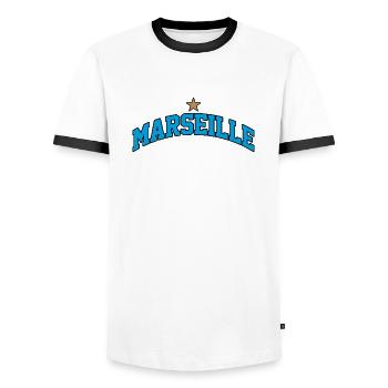 Marseille-Logo: Mediterranes College-Design - Männer Kontrast-T-Shirt - Weiß/Schwarz - Vorne - AI Model Female 172 light (172cm) & AI Model Male 178 dark (178cm)