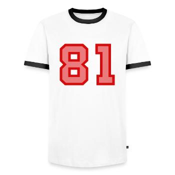 Cool Retro Retrostyle Jersey Number Back Number - Men's Ringer Shirt - white/black - Front - AI Model Female 172 light (172cm) & AI Model Male 178 dark (178cm)