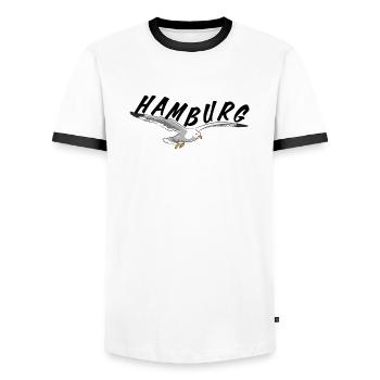 Hamburg über Möwe - schwarz - Männer Kontrast-T-Shirt - Weiß/Schwarz - Vorne - AI Model Female 172 light (172cm) & AI Model Male 178 dark (178cm)