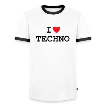I love techno - Men's Ringer Shirt - white/black - Front - AI Model Female 172 light (172cm) & AI Model Male 178 dark (178cm)