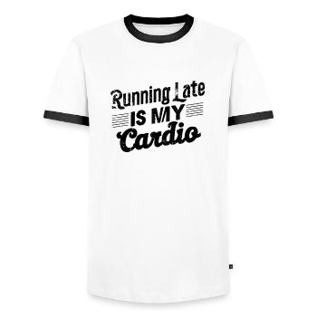 Spätes Cardio - Sport Humor - Männer Kontrast-T-Shirt - Weiß/Schwarz - Vorne - AI Model Female 172 light (172cm) & AI Model Male 178 dark (178cm)