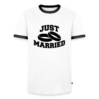 Just Married Rings Logo Design - T-shirt contrasté Homme - blanc/noir - Devant - AI Model Female 172 light (172cm) & AI Model Male 178 dark (178cm)