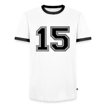 15_number_15_(s31) - Men's Ringer Shirt - white/black - Front - AI Model Female 172 light (172cm) & AI Model Male 178 dark (178cm)
