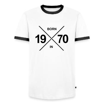 Né en 1970 - T-shirt contrasté Homme - blanc/noir - Devant - AI Model Female 172 light (172cm) & AI Model Male 178 dark (178cm)