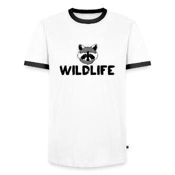 Texte sur la faune viverrière - T-shirt contrasté Homme - blanc/noir - Devant - AI Model Female 172 light (172cm) & AI Model Male 178 dark (178cm)