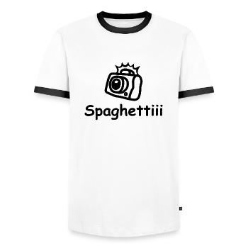 Spaghettiiiii - photographe - appareil photo - T-shirt contrasté Homme - blanc/noir - Devant - AI Model Female 172 light (172cm) & AI Model Male 178 dark (178cm)