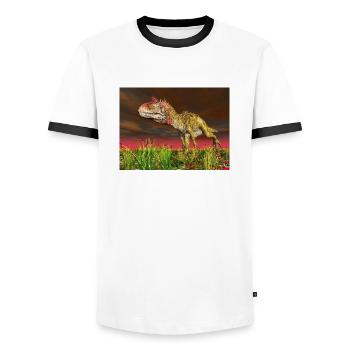Dinosaurier Cryolophosaurus - Männer Kontrast-T-Shirt - Weiß/Schwarz - Vorne - AI Model Female 172 light (172cm) & AI Model Male 178 dark (178cm)