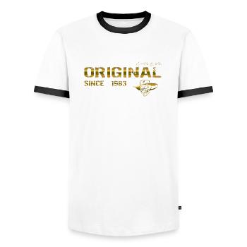 Original depuis 1983 - T-shirt contrasté Homme - blanc/noir - Devant - AI Model Female 172 light (172cm) & AI Model Male 178 dark (178cm)