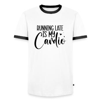 Running late is my cardio - Men's Ringer Shirt - white/black - Front - AI Model Female 172 light (172cm) & AI Model Male 178 dark (178cm)