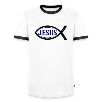 Jesus Fisch - Männer Kontrast-T-Shirt - Weiß/Schwarz - Vorne - AI Model Female 172 light (172cm) & AI Model Male 178 dark (178cm)