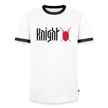 KNIGHT - SHIELD / SWORD - GAMING - Men's Ringer Shirt - white/black - Front - AI Model Female 172 light (172cm) & AI Model Male 178 dark (178cm)
